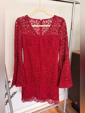 White House Black Market Red Lace Long Sleeve Mini Dress W/ Bell Sleeves